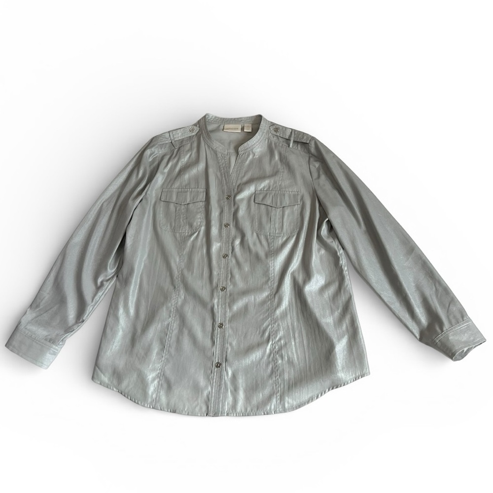 Chicos Gray Silver Shimmer Button Down Long Sleeve Utility Blouse Women’s 2 (L) - Picture 1 of 8